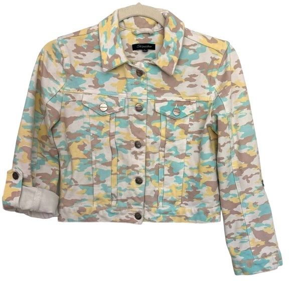 Shinestar Size L Girls Green, Tan, & Yellow Camo Stretch Jean Jacket - Picture 1 of 8